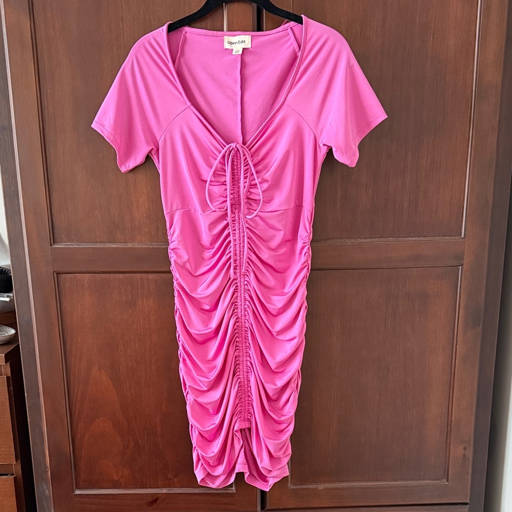 Open Edit Pink Ruched Front Tie Mini Dress